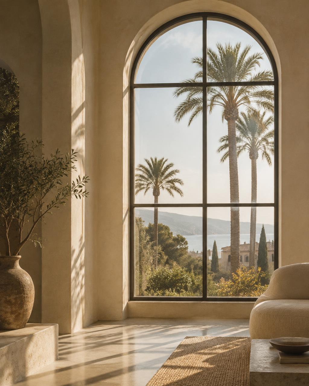 Arched window with palm trees outside